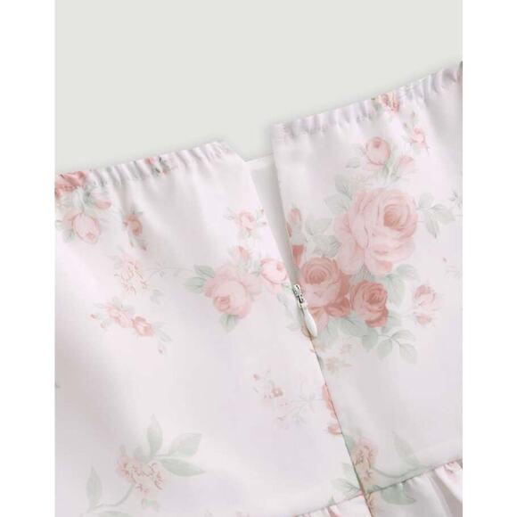 Floral Chiffon Mini Dress Pink White Puff Sleeve Babydoll Cottagecore M - Picture 5 of 16